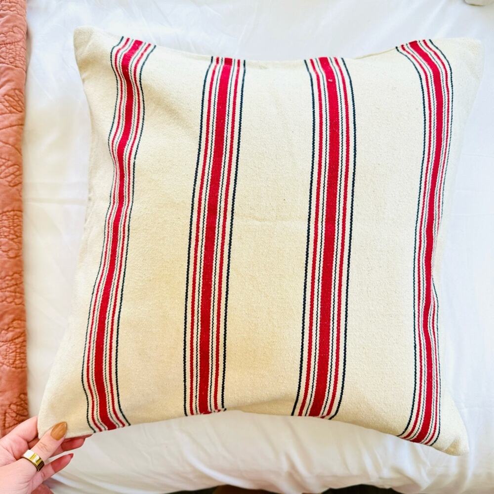 POTTERY BARN Red Black Tan Cream Bold Stripe Pattern Pillow Case Sham 20" Square - Picture 11 of 13